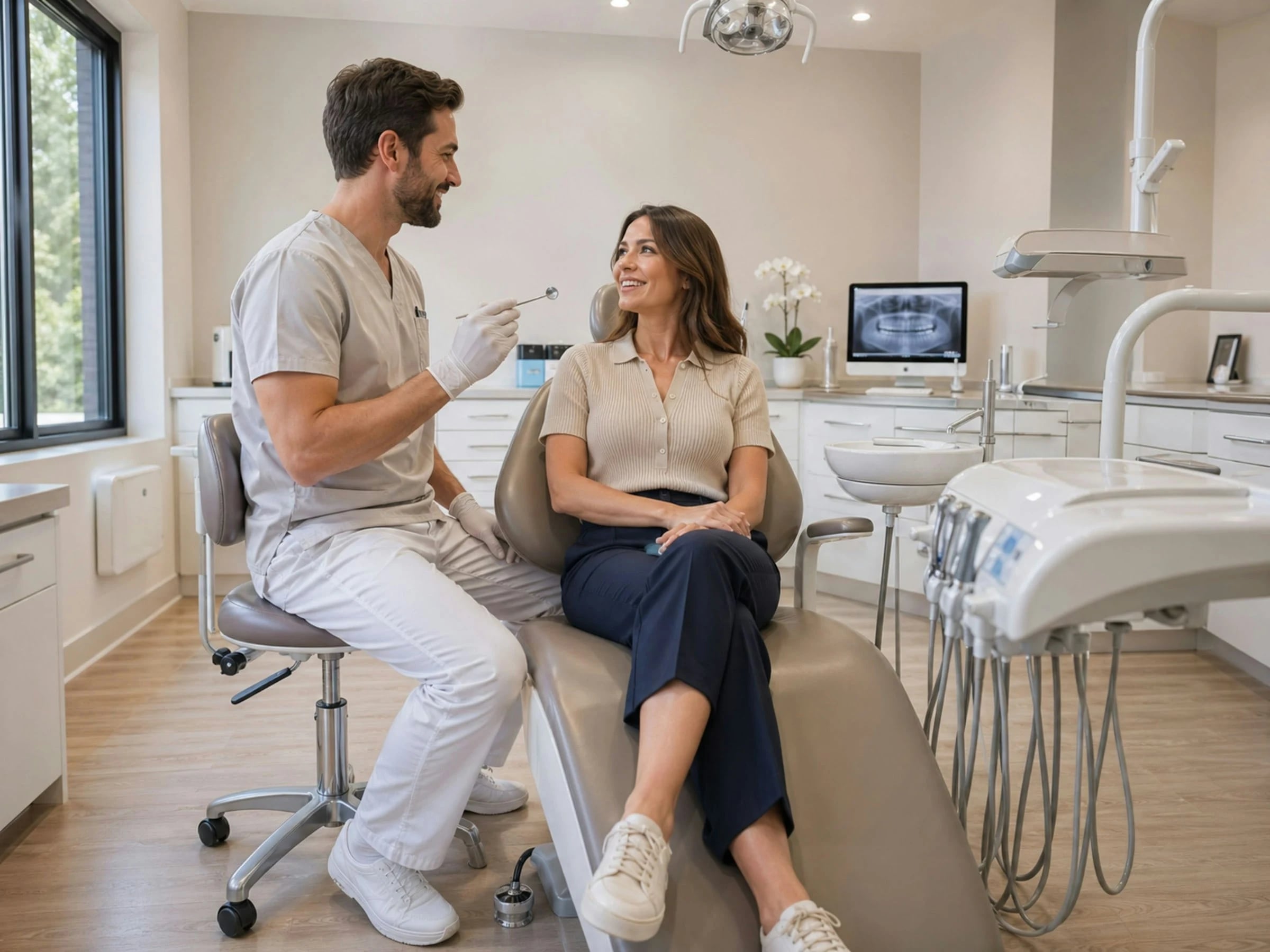 Dentist talking with a patient in a bright, modern dental office